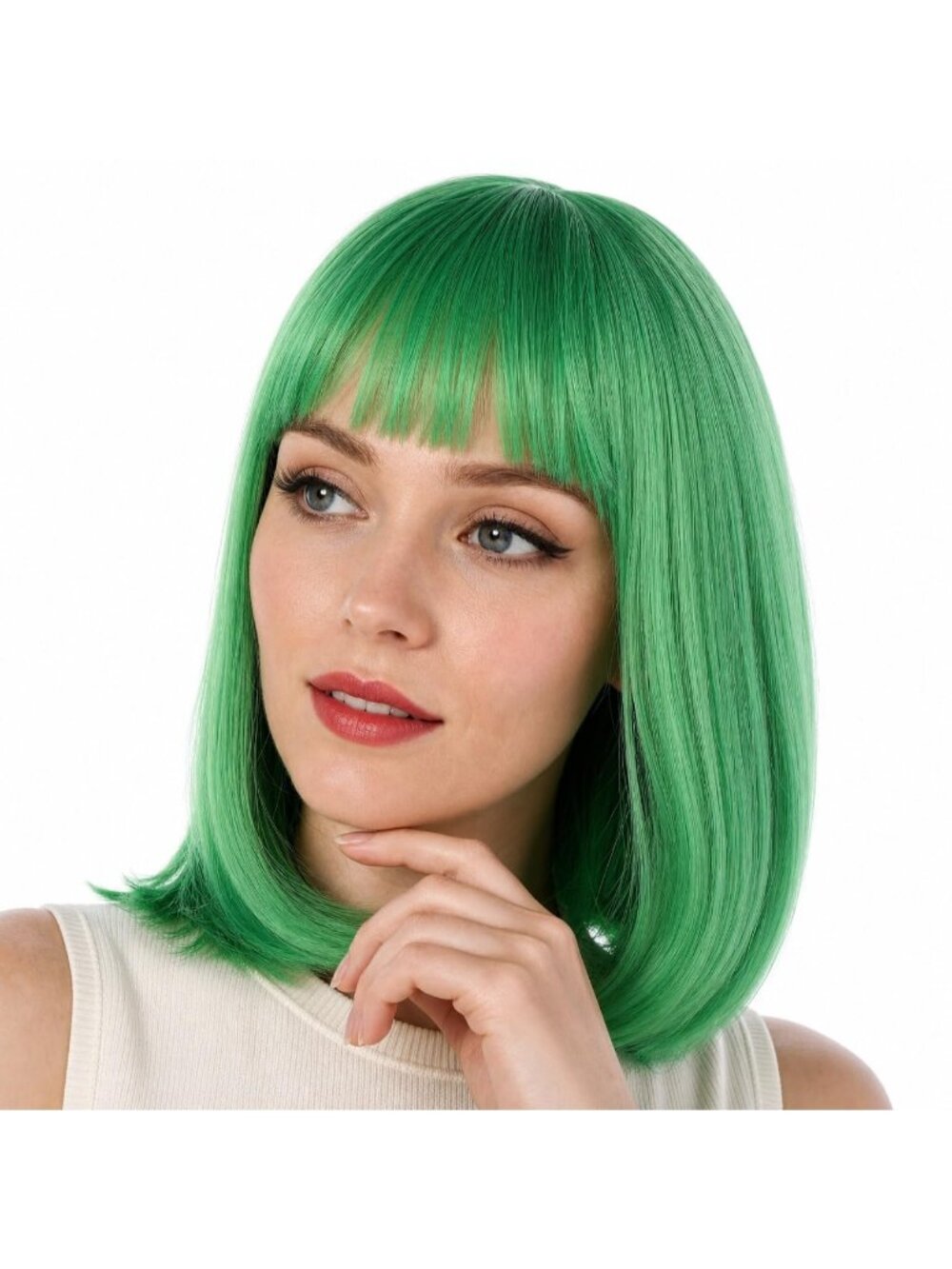 Women's Green Short Straight Bob Wig with Bangs 12 Inch Synthetic Hair